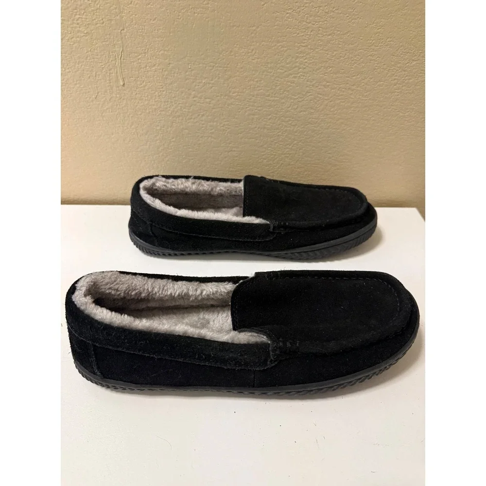 George Mens Black Suede Moccasin Slippers Faux Fur Lined House Shoes Size 7-8